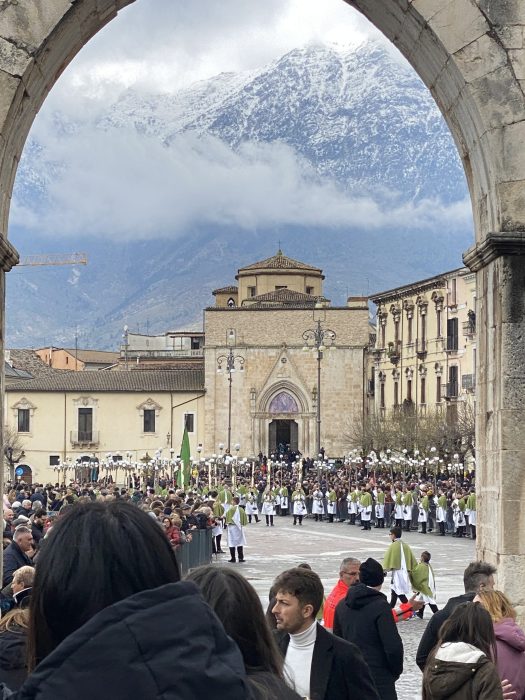 Sulmona aqueduct, mountains, plaza