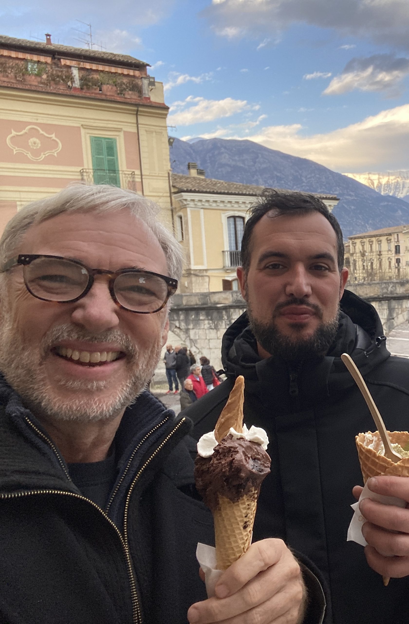 Eric & Girolamo enjoying gelato in Sulmona, Italy